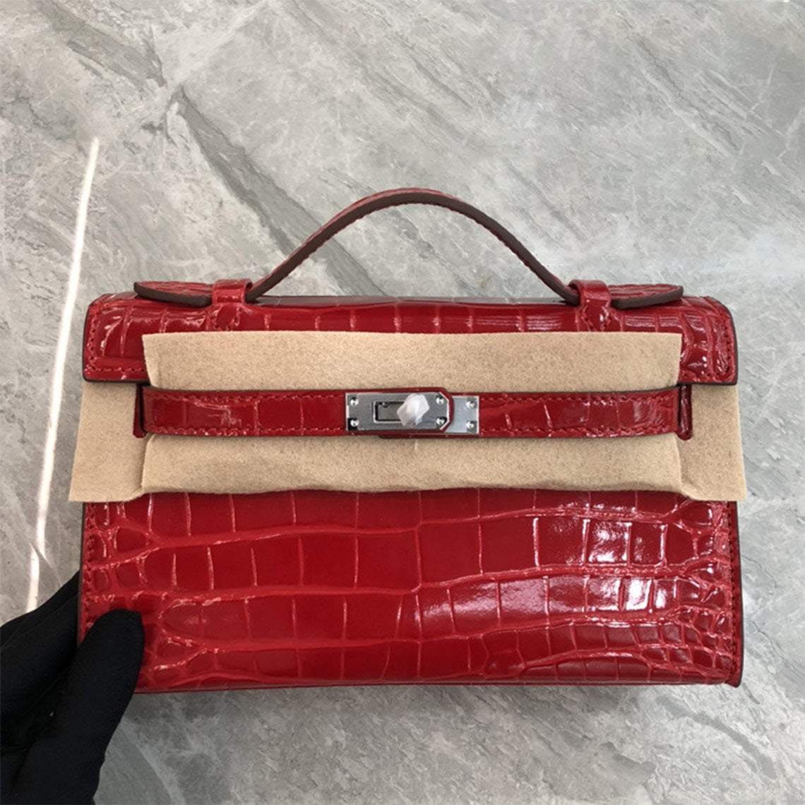Crocodile Embossed Leather Top Handle Bag Clutch – Black, White, Red with Gold or Silver Hardware detail image 7