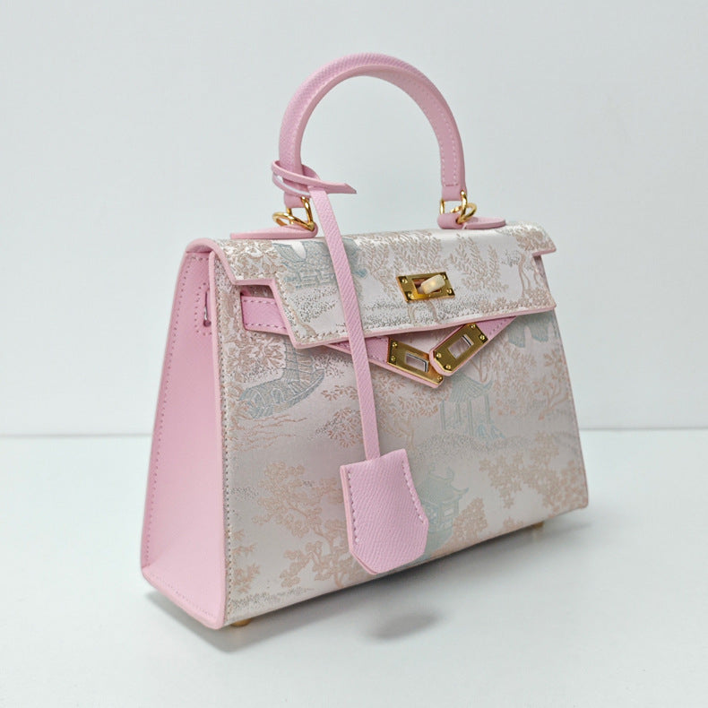 New Chinese Style Song Brocade Top-Handle Bag – Pink / Gold Brown detail image 3