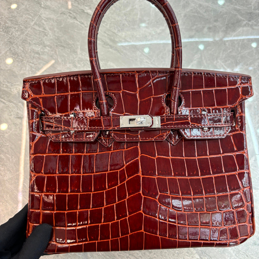 Crocodile Pattern Glossy Leather Handbag with Detachable Strap detail image 12