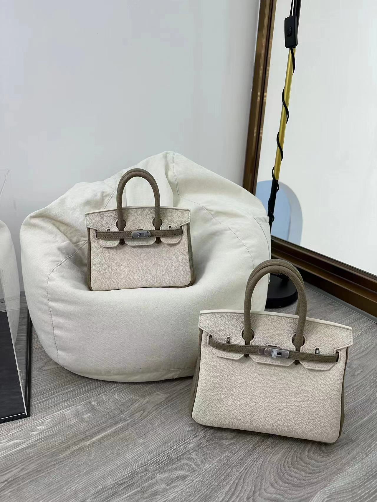 Bi-Color Top Handle Leather Bag in Mini and Small Sizes with Silver Hardware detail image 9