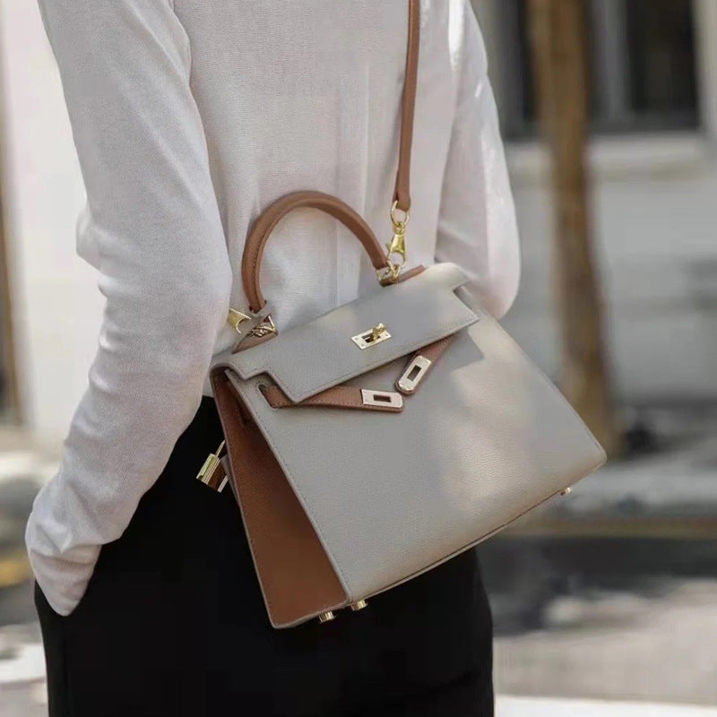 Bi-Color Cowhide Top Handle Bag with Gold-Tone Lock – Coffee / Mlik Tea, 22cm & 25cm detail image 1