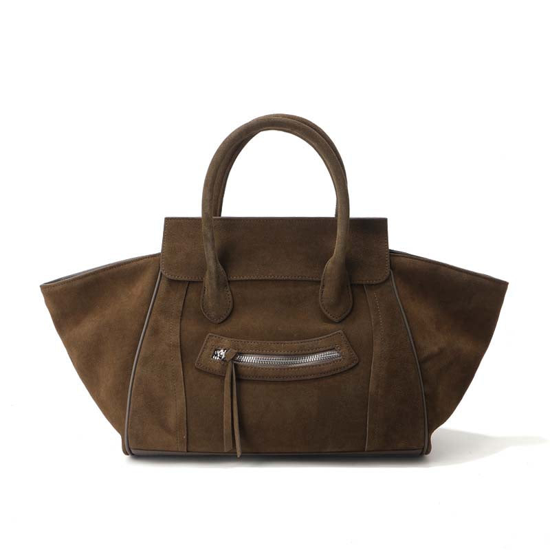 Large Suede Winged Handbag with Smile Zipper – Coffee, Brown, Dark Brown, Black, Wine Red detail image 2