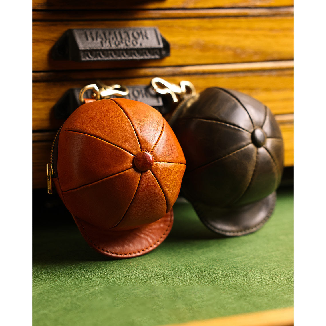 Vegetable Tanned Leather Baseball Cap Purse for AirPods – Brown, Coffee, Black, Amy Green detail image 5