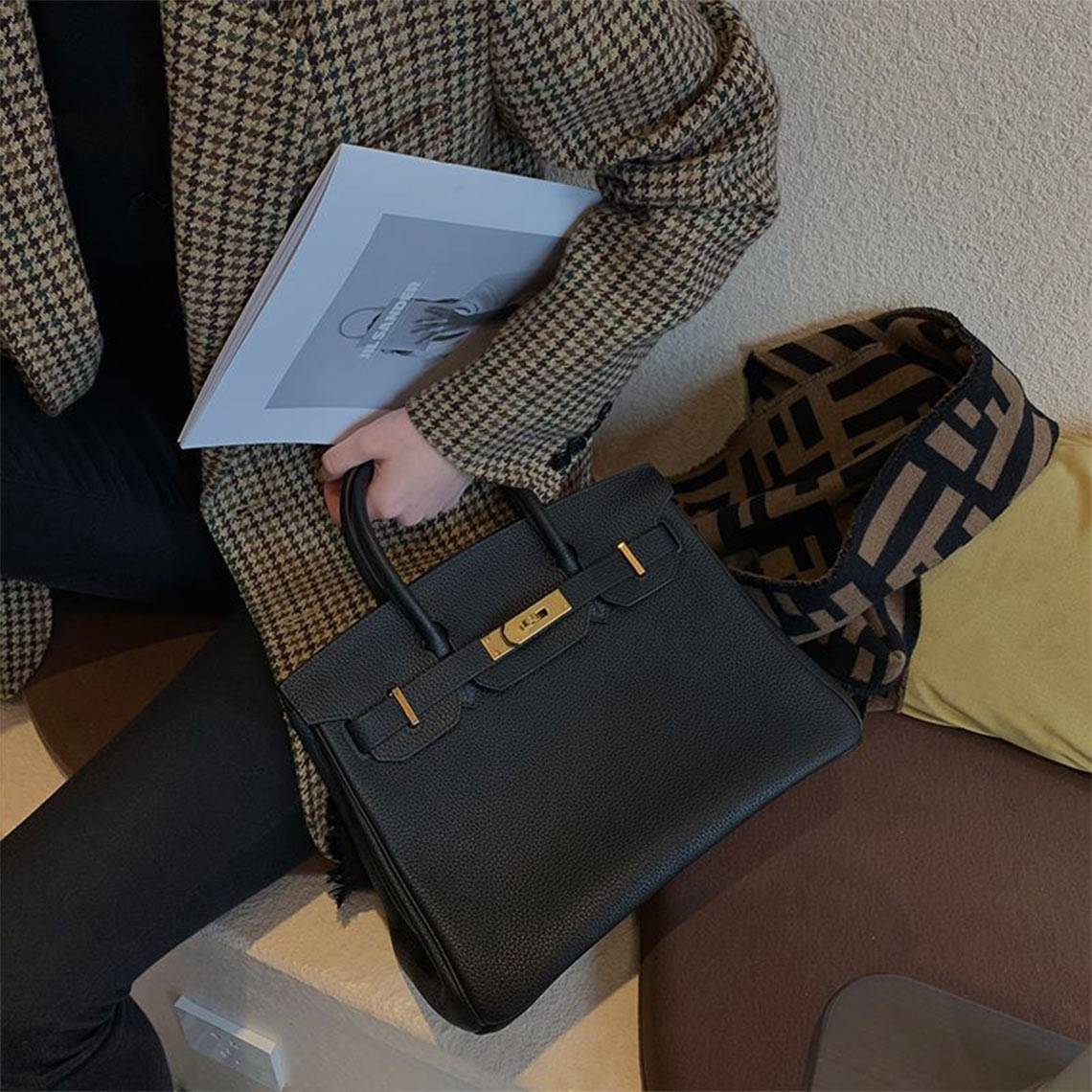 Top Grain Leather Top Handle Bag with Gold Hardware and Lock & Key detail image 12