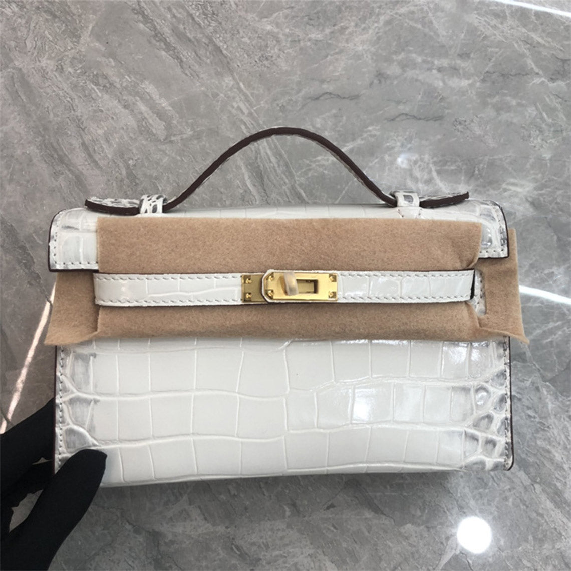 Crocodile Embossed Leather Top Handle Bag Clutch – Black, White, Red with Gold or Silver Hardware detail image 4