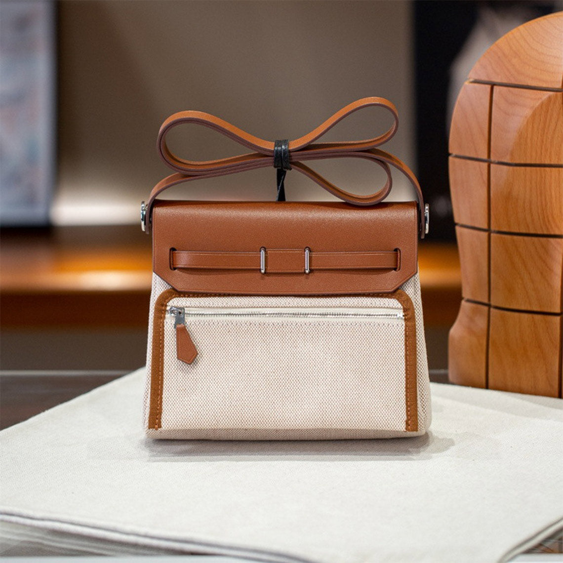 Leather Trim Mini Canvas Tote Shoulder Bag detail image 2