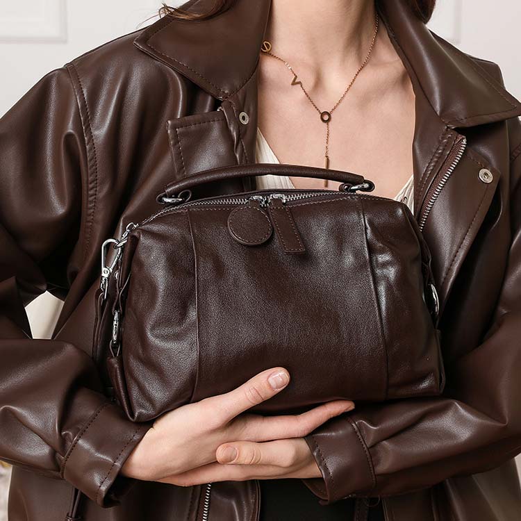 Vintage Cowhide Boston Bag | Leather Crossbody Satchel detail image 14