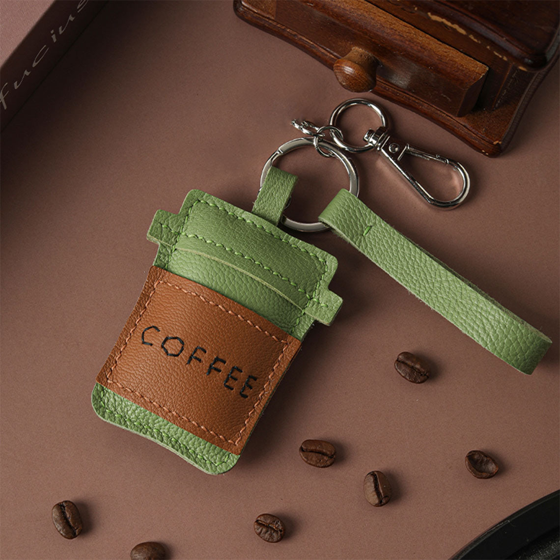 Coffee-Themed Sheepskin Leather Keychain DIY Kit – Hand Sewing Craft Kit detail image 6