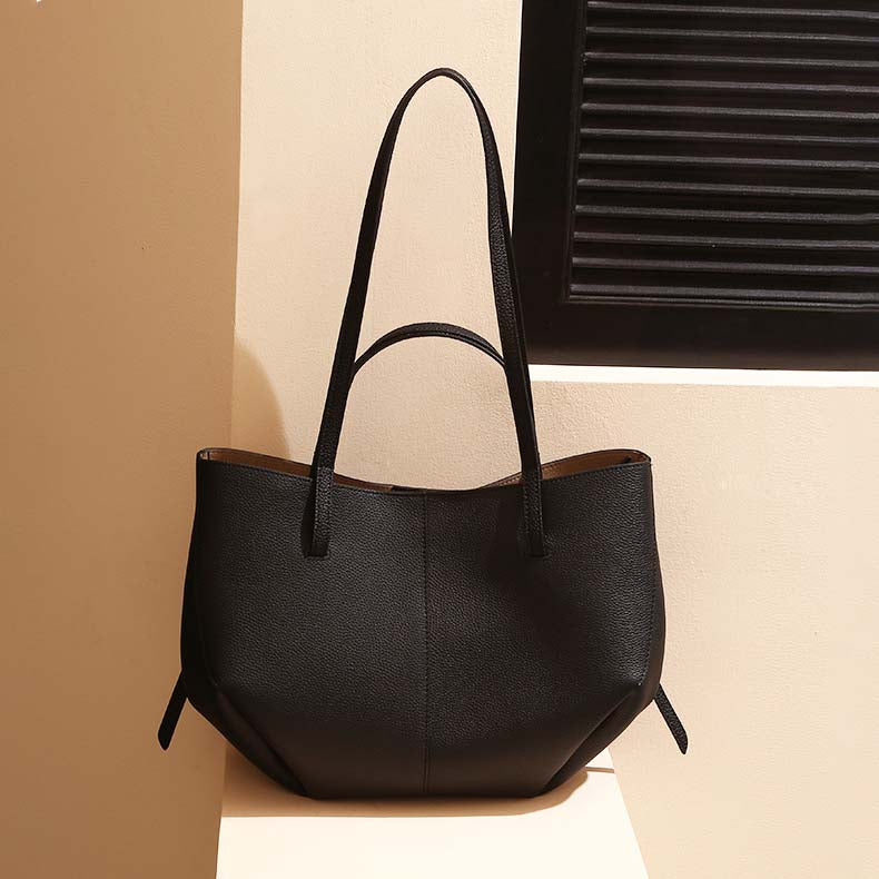 Genuine Leather Pleated Tote Bag with Matching Pouch – Large Capacity Handbag detail image 11
