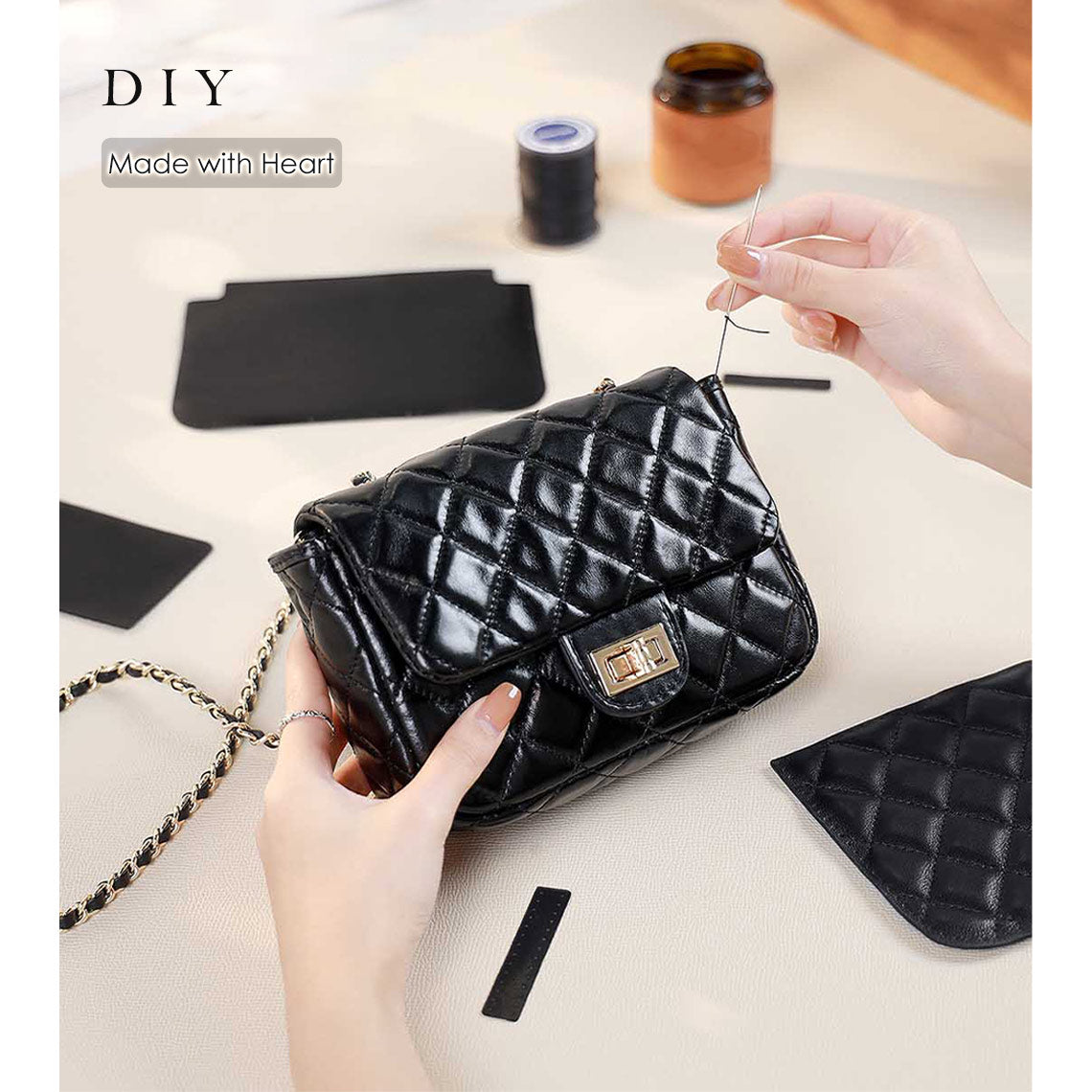 Top Grain Leather Quilted Chain Bag DIY Kit – Creamy White or Black detail image 1