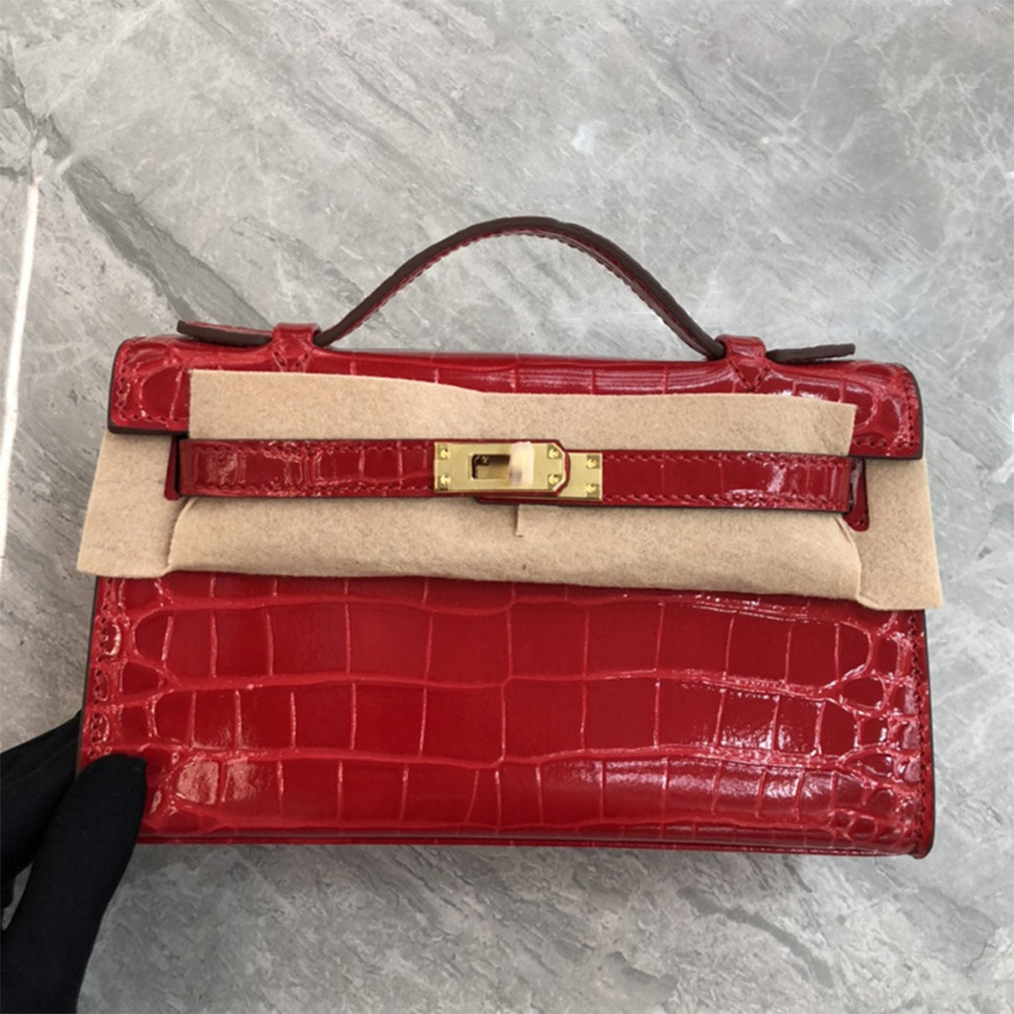 Crocodile Embossed Leather Top Handle Bag Clutch – Black, White, Red with Gold or Silver Hardware detail image 6