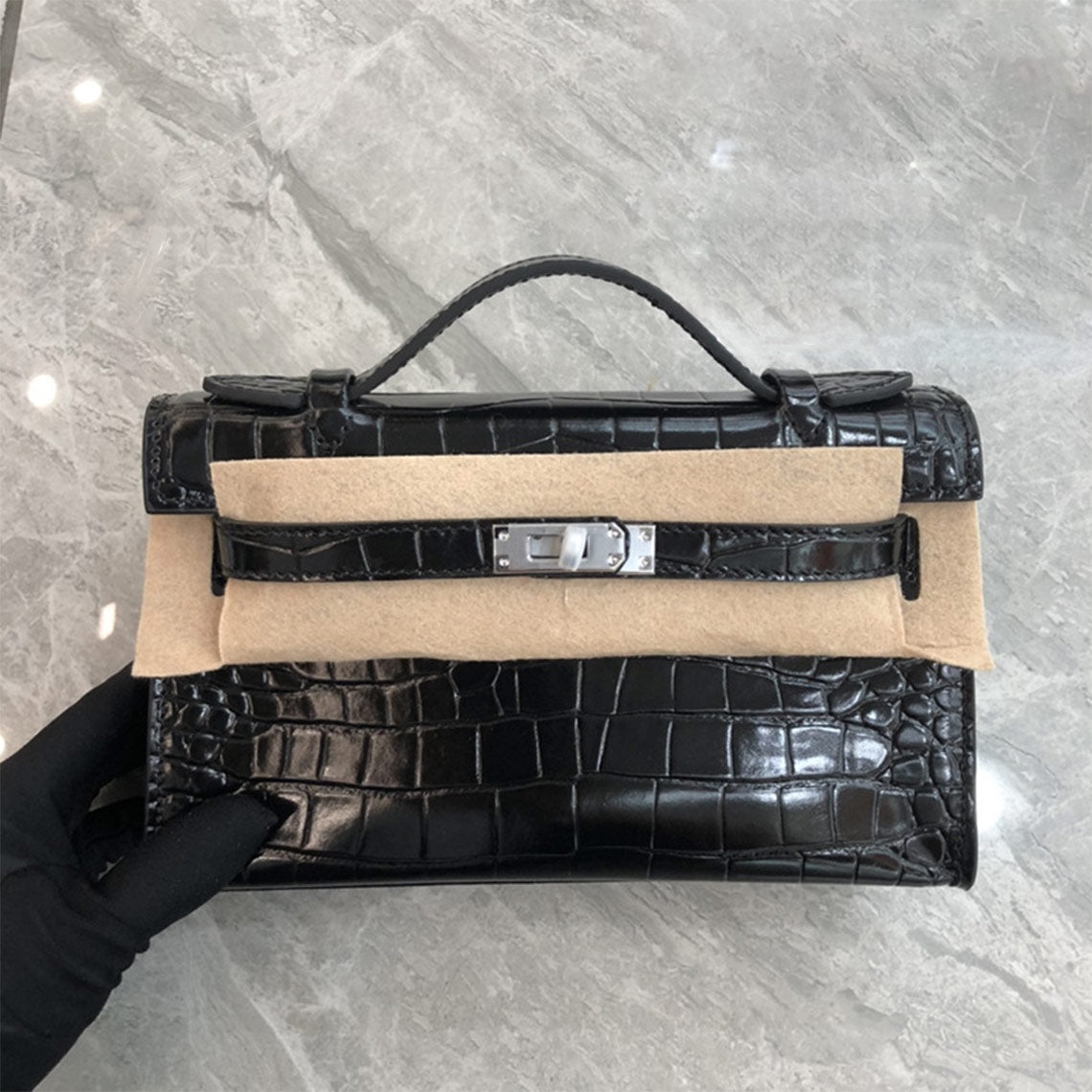 Crocodile Embossed Leather Top Handle Bag Clutch – Black, White, Red with Gold or Silver Hardware detail image 3