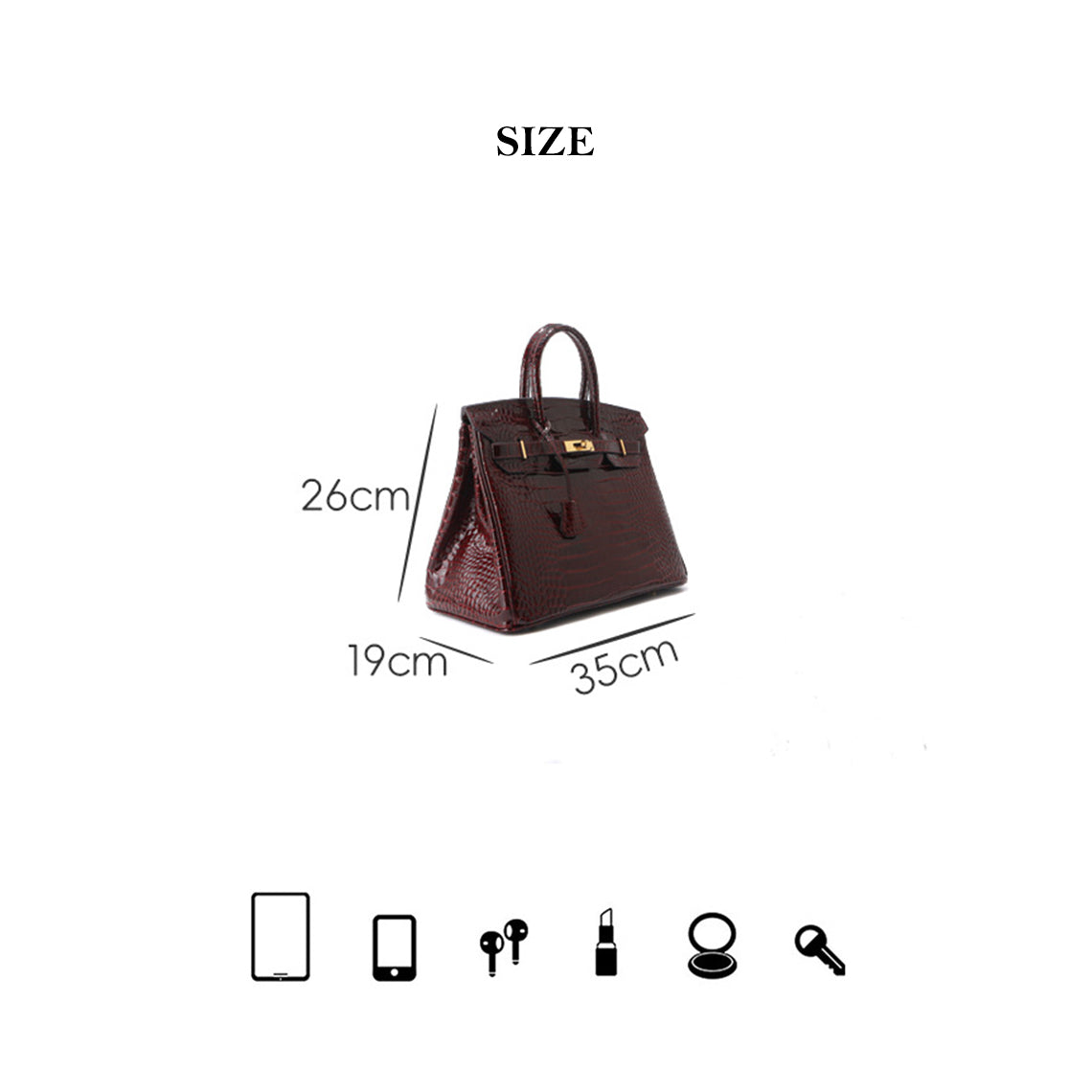 Crocodile Embossed Leather Handbag – Black and Rouge detail image 7