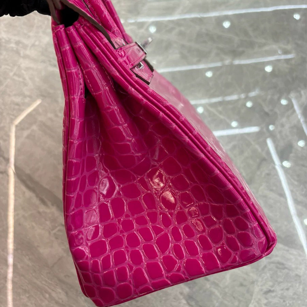 Crocodile Pattern Glossy Leather Handbag with Detachable Strap detail image 3
