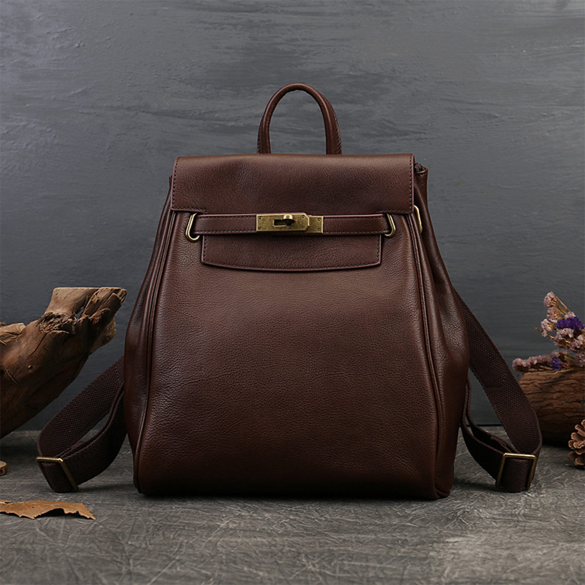 Top Grain Leather Classic Backpack for Women in Brown or Black detail image 1