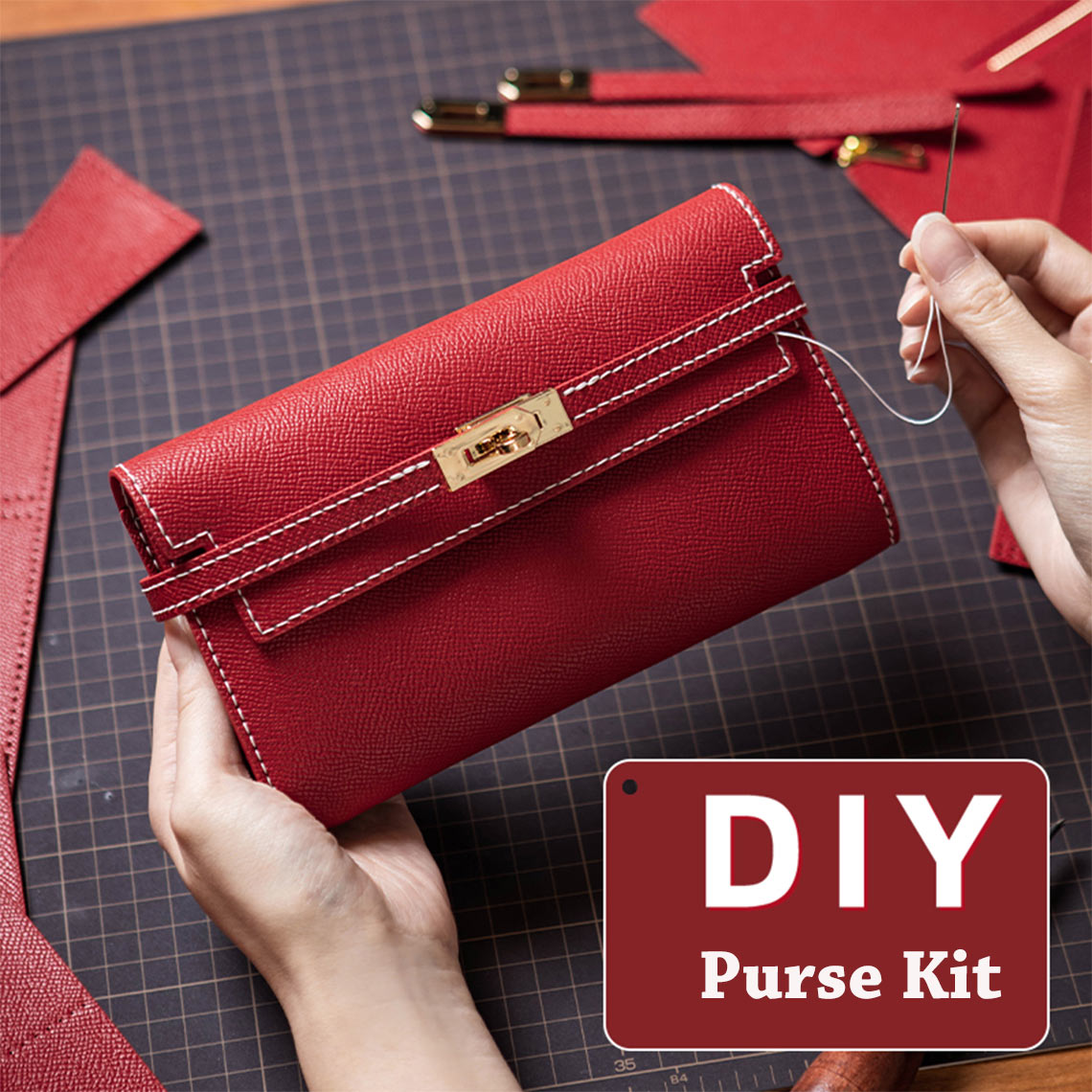 Top Handle Bag & Long Wallet DIY Leather Sewing Kit – Brown, Red, Grey detail image 3