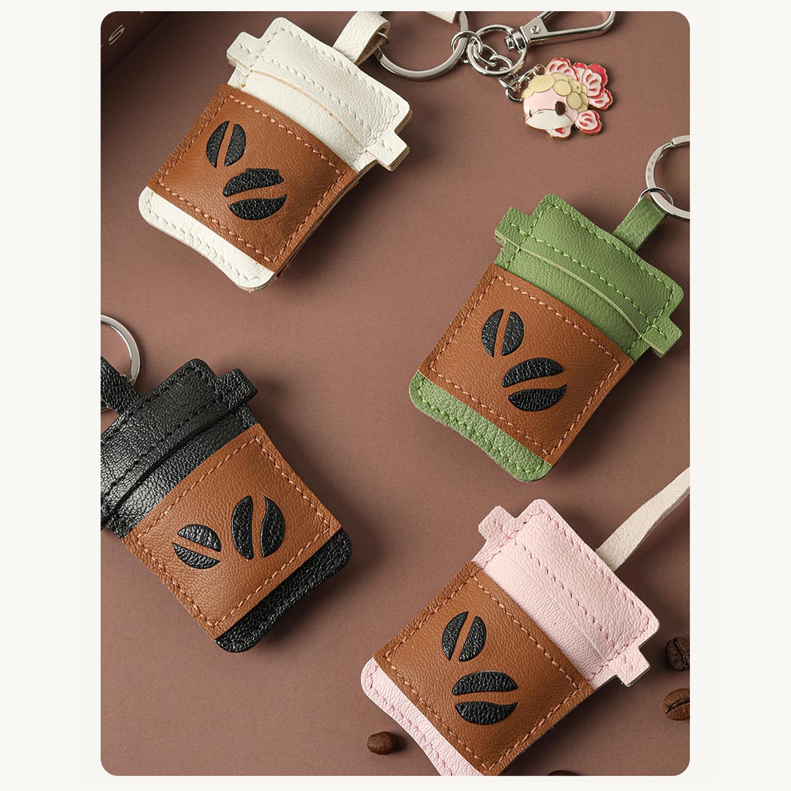 Coffee-Themed Sheepskin Leather Keychain DIY Kit – Hand Sewing Craft Kit detail image 4
