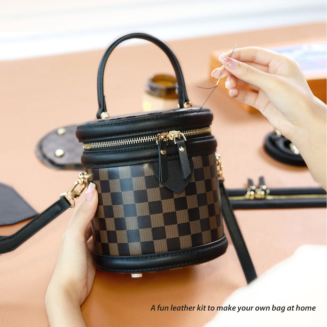 Handsewn Top Grain Leather Checker Bucket Bag DIY Kit detail image 1