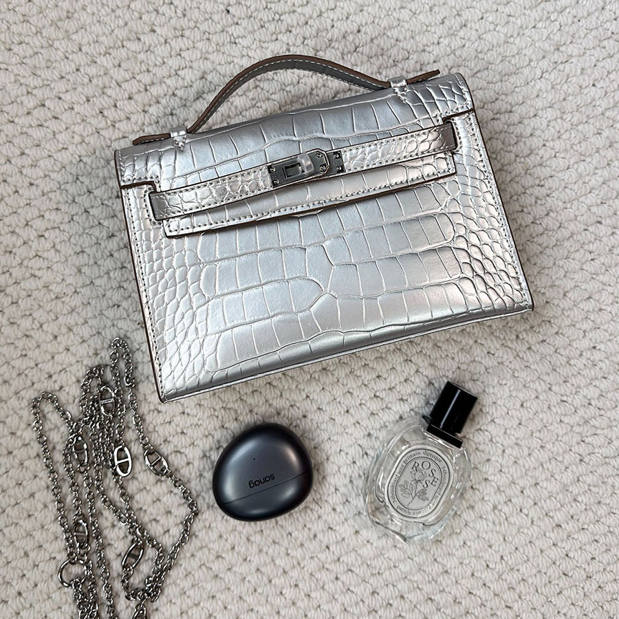 Top Grain Leather Top Handle Clutch Bag with Detachable Chain detail image 3