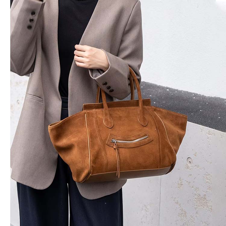 Large Suede Winged Handbag with Smile Zipper – Coffee, Brown, Dark Brown, Black, Wine Red detail image 5