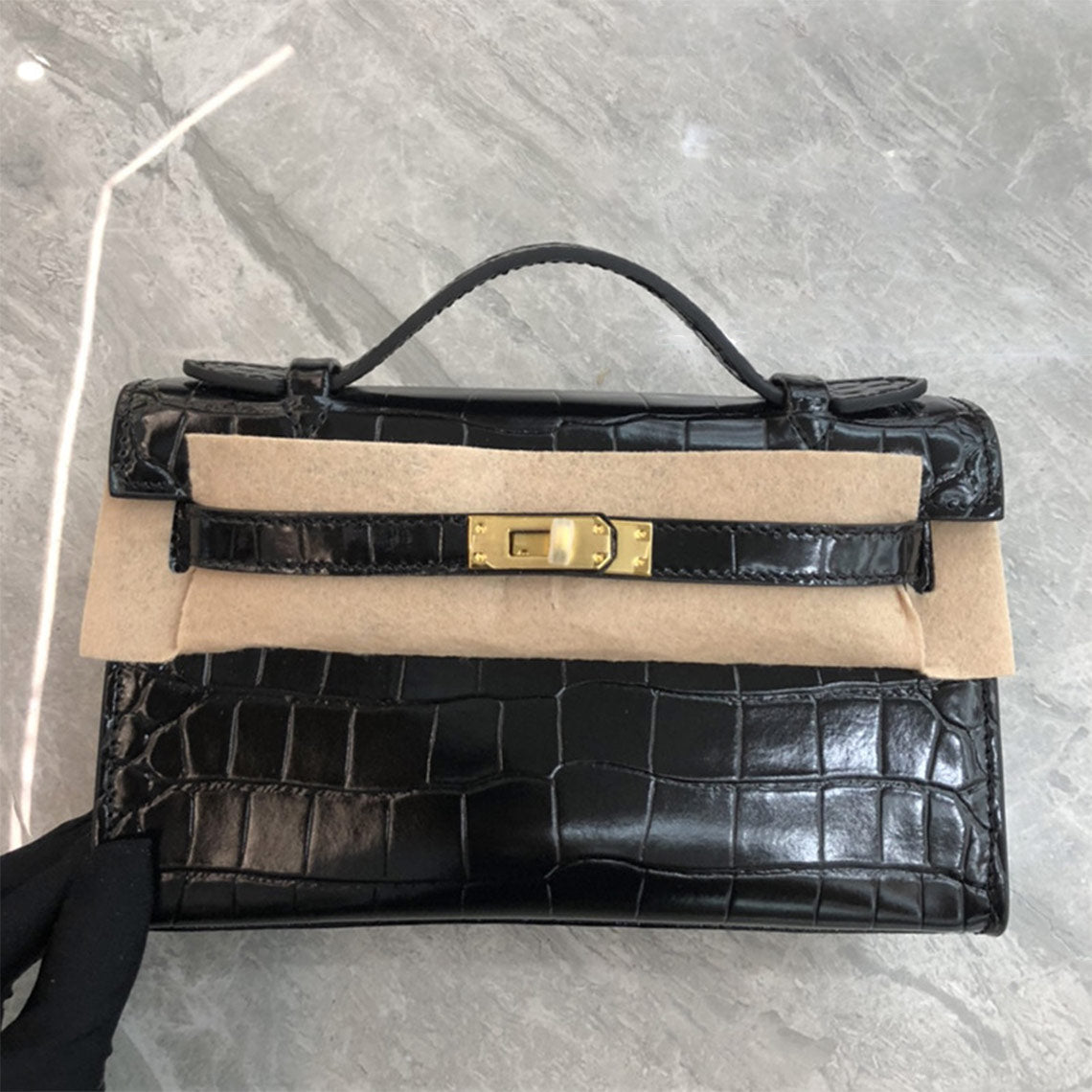 Crocodile Embossed Leather Top Handle Bag Clutch – Black, White, Red with Gold or Silver Hardware detail image 2