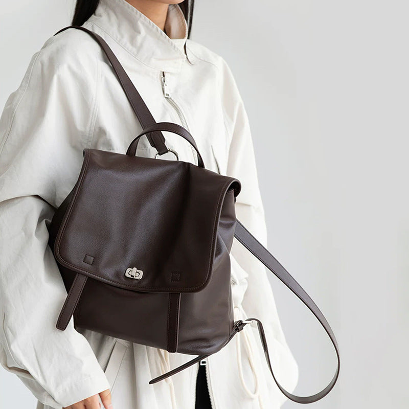 Minimalist Genuine Leather Backpack – Chic Laptop Commuter Bag in Brown and Black detail image 8