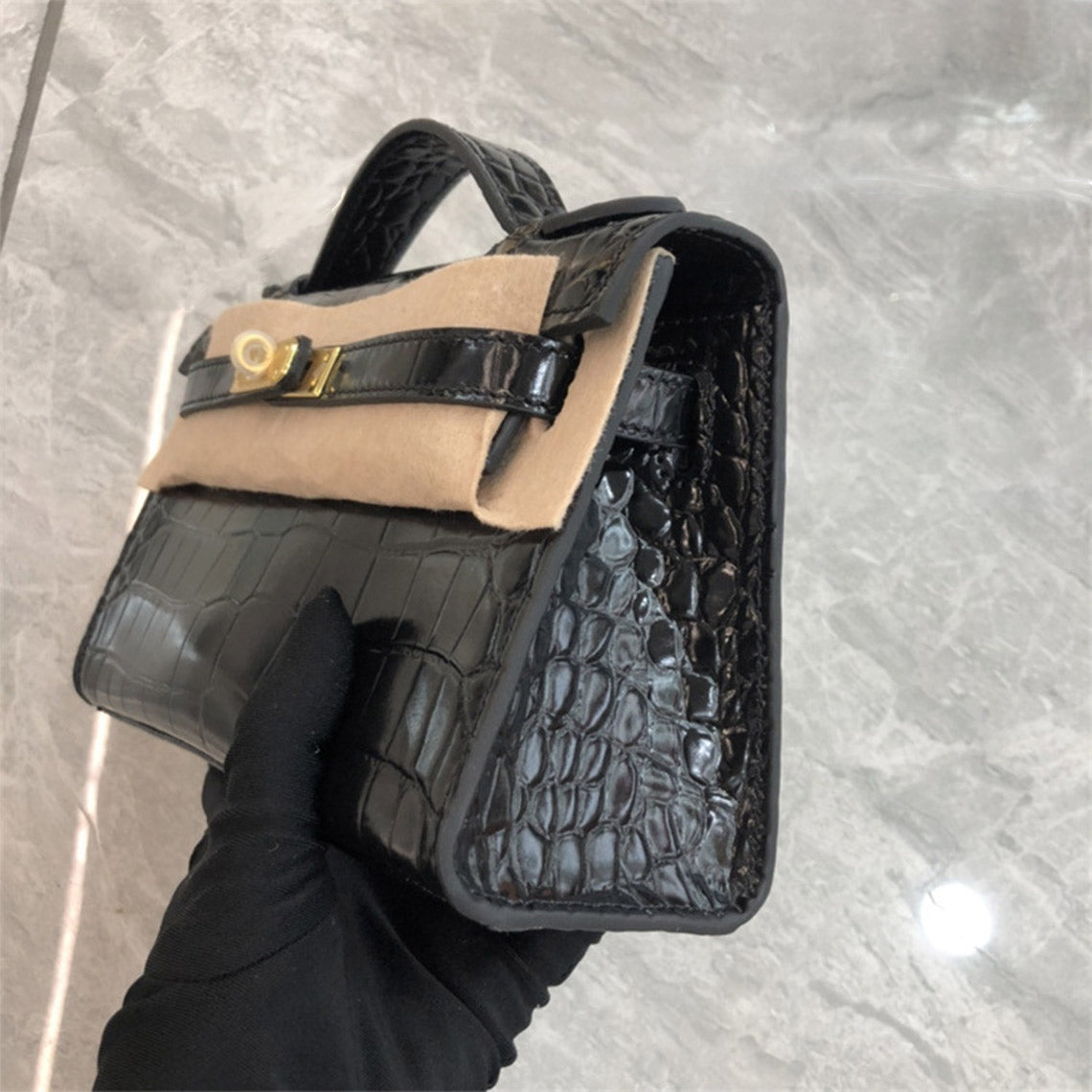 Crocodile Embossed Leather Top Handle Bag Clutch – Black, White, Red with Gold or Silver Hardware detail image 9