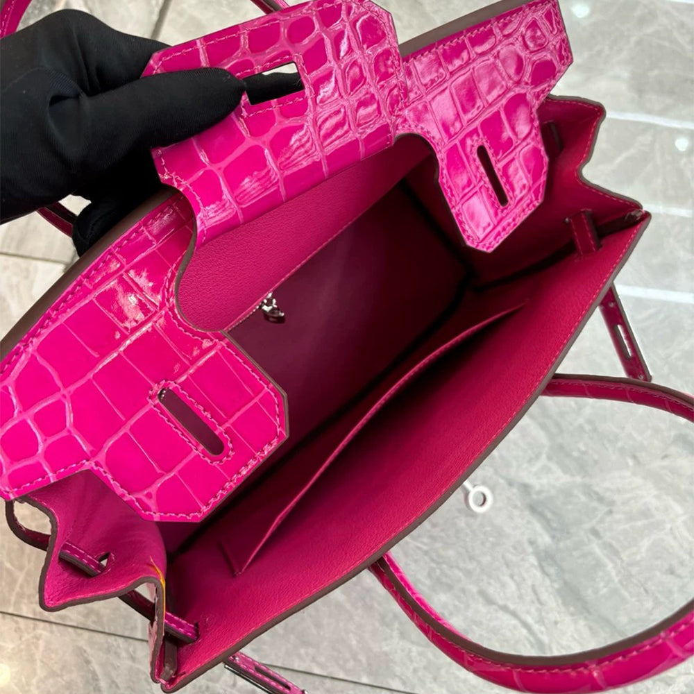Crocodile Pattern Glossy Leather Handbag with Detachable Strap detail image 2