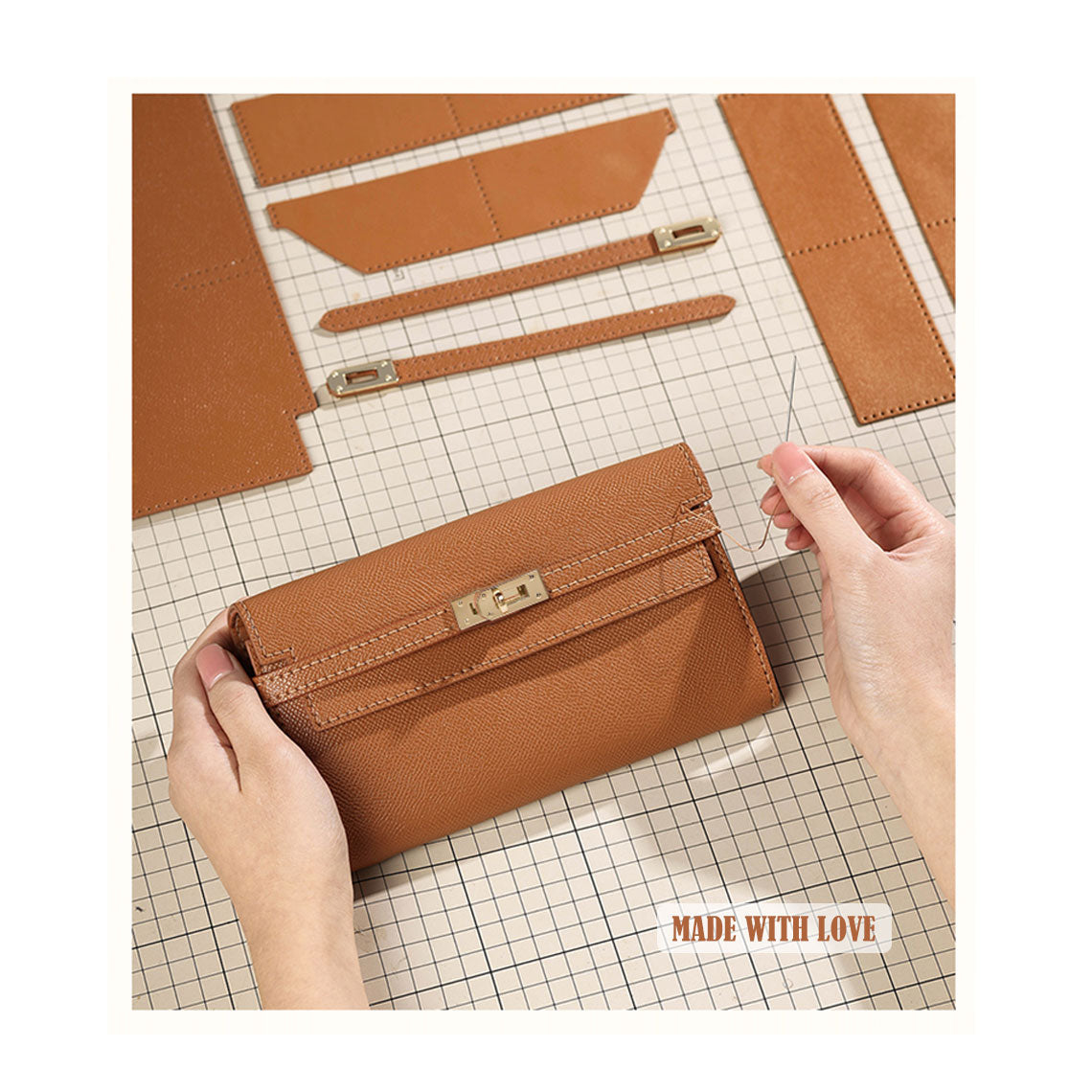 Top Handle Bag & Long Wallet DIY Leather Sewing Kit – Brown, Red, Grey detail image 2