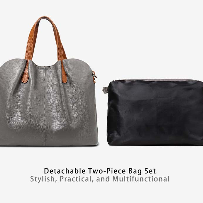 Premium Real Leather Contrast Tote - Large Capacity 2-in-1 Commuter Bag detail image 2