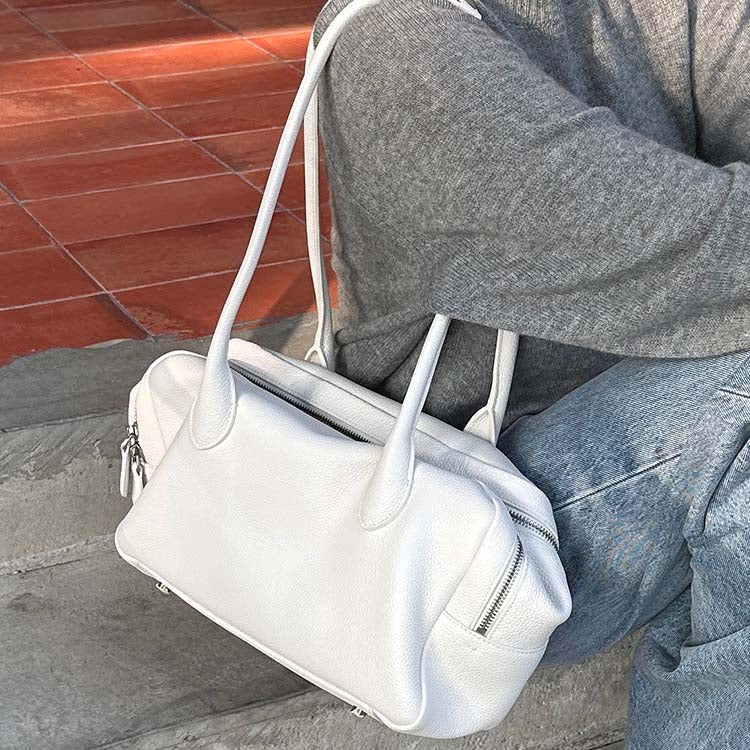 Genuine Leather Boston Bag | Large Capacity Underarm Tote & Bowling Shoulder Bag detail image 7