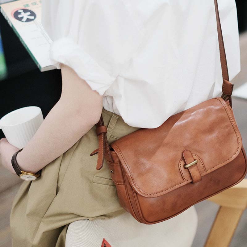 Small Square Leather Messenger Bag with Adjustable Strap – Black & Brown detail image 17