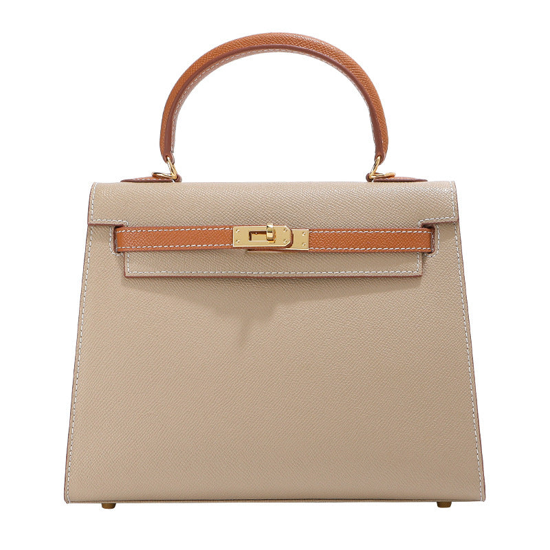 Bi-Color Cowhide Top Handle Bag with Gold-Tone Lock – Coffee / Mlik Tea, 22cm & 25cm detail image 7