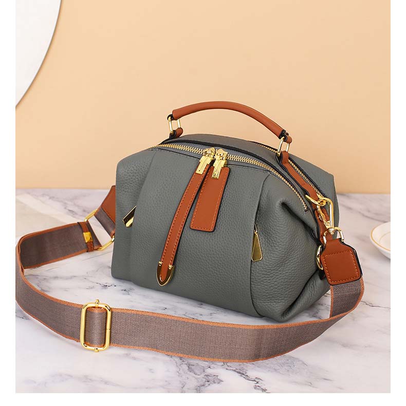 Pebbled Grain Leather Boston Bag | Cowhide Crossbody Satchel detail image 6