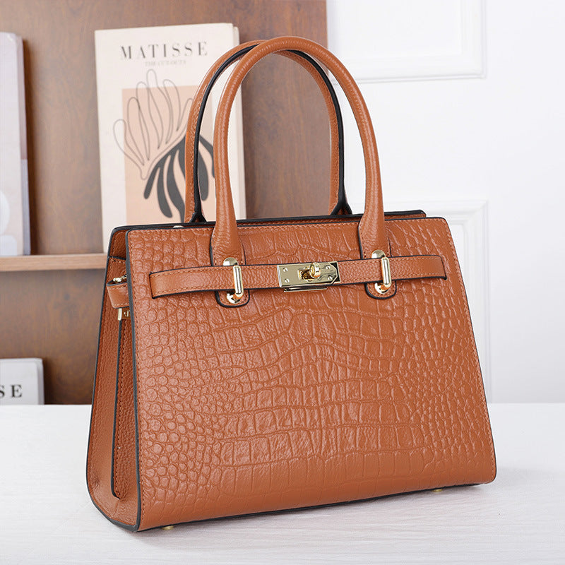 Croc-Embossed Top Grain Leather Tote – 28 cm Structured Handbag with Crossbody Strap detail image 14