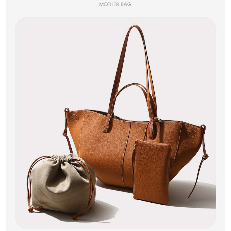 Genuine Leather Pleated Tote Bag with Matching Pouch – Large Capacity Handbag product image 1
