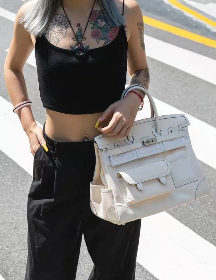 Cargo Top Handle Bag 35cm in Smooth Calfskin and Canvas detail image 4