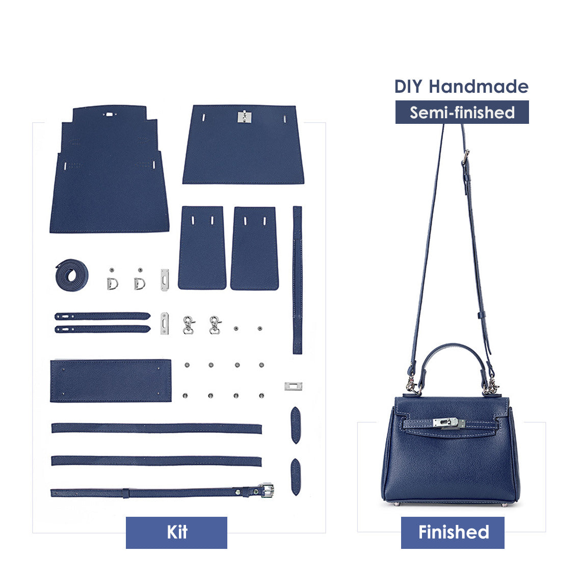 Handsew Leather Bag DIY Kit – Pre-Cut Cowhide Panels, Saddle Stitch, Silver Hardware product image 1