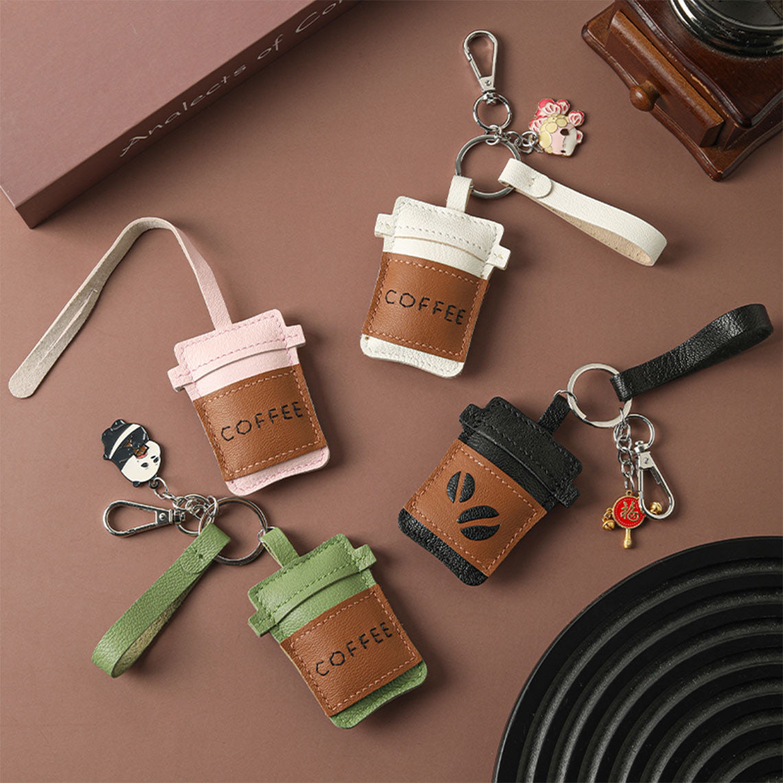 Coffee-Themed Sheepskin Leather Keychain DIY Kit – Hand Sewing Craft Kit detail image 1