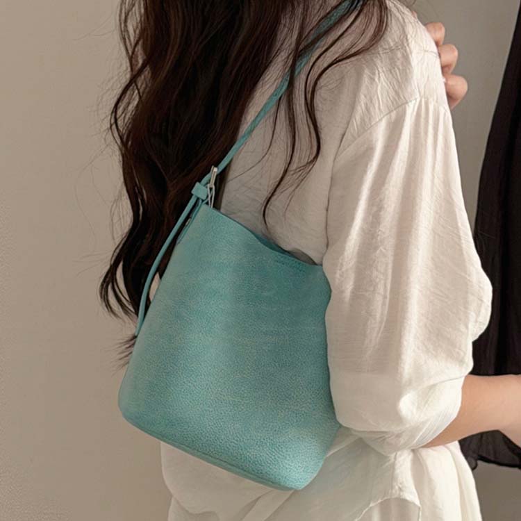 Genuine Leather Mini Bucket Bag with Adjustable Strap | Mint Green, Lilac Purple, Sakura Pink, Yellow detail image 9