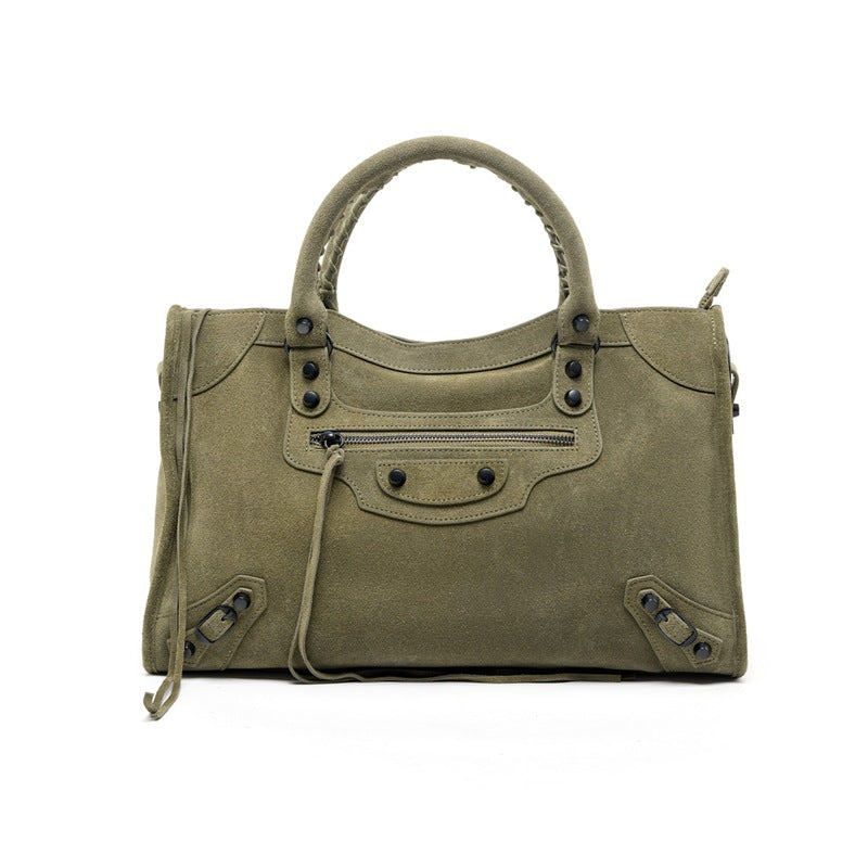 Nubuck Leather Moto City Tote Bag - Large Studded Hobo Purse detail image 14
