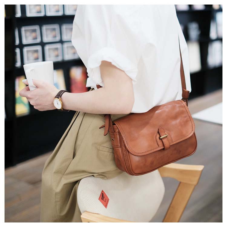 Small Square Leather Messenger Bag with Adjustable Strap – Black & Brown detail image 5