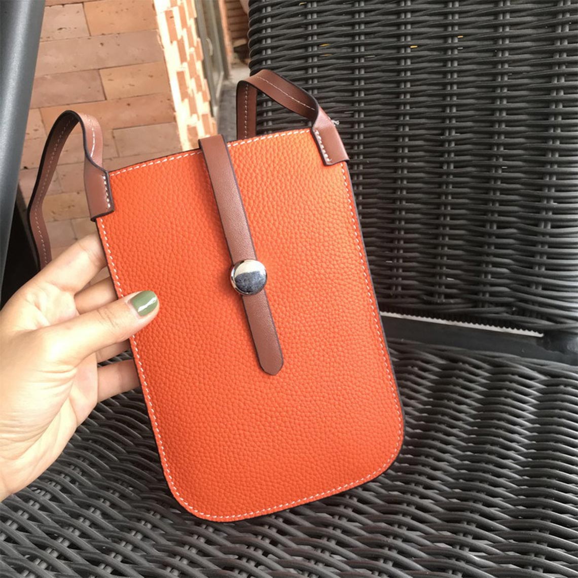 Top Grain Leather Strap Phone Bag in Brown, Khaki, Black, Yellow, Orange detail image 5