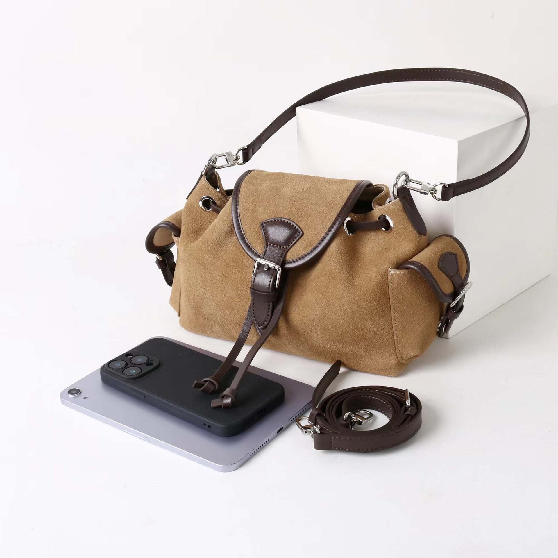 Suede Multi-Pocket Crossbody Bag with Drawstring & Buckle Closure detail image 5