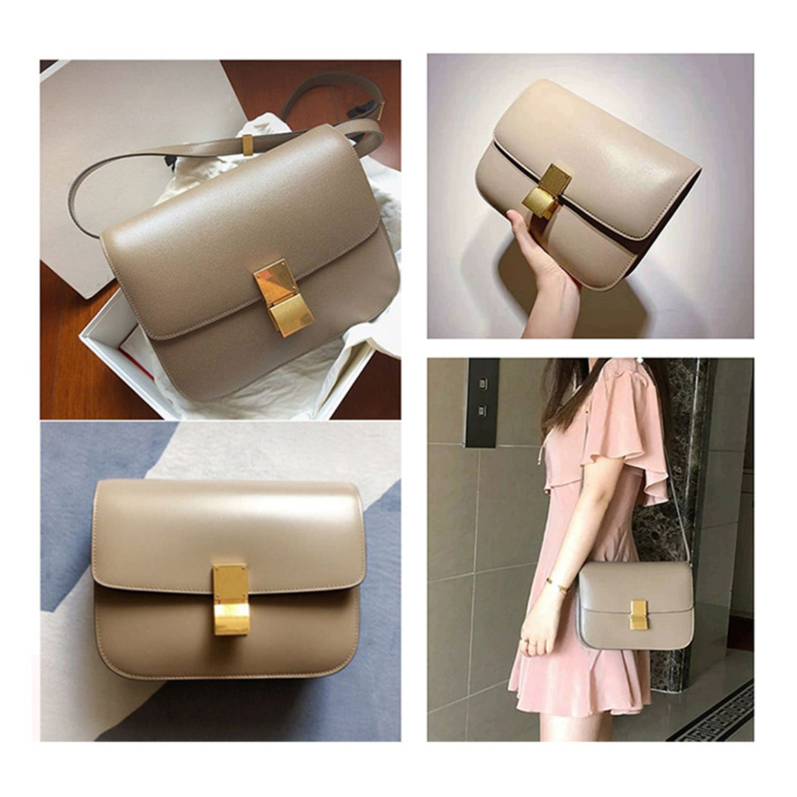 Textured Leather Tofu Box Bag – Small/Medium, Brown/Black/Beige detail image 3