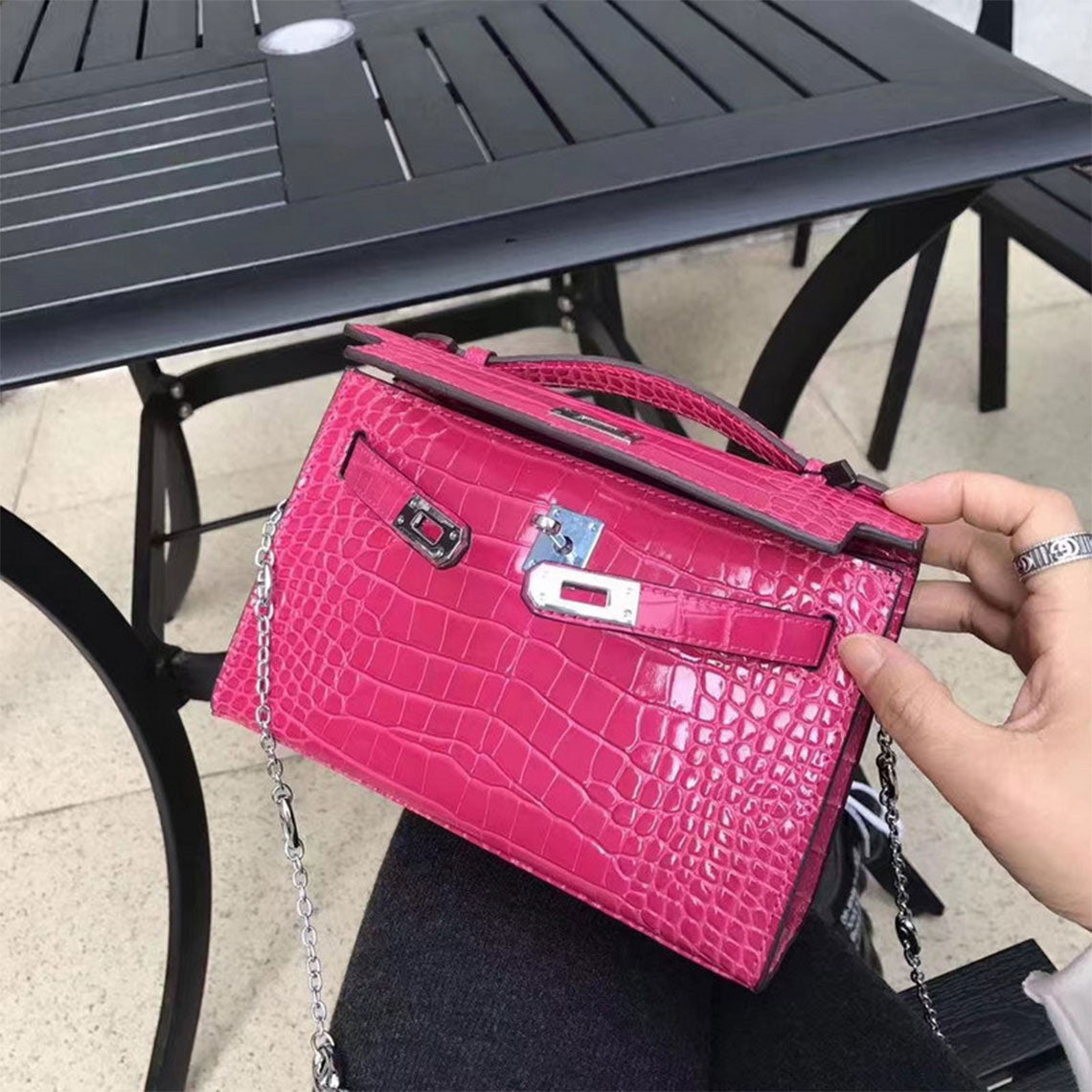 Top Grain Leather Top Handle Clutch Bag with Detachable Chain detail image 13