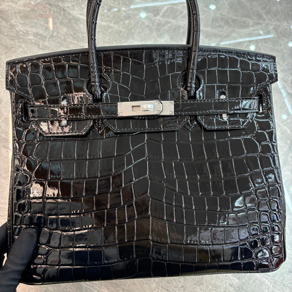 Crocodile Pattern Glossy Leather Handbag with Detachable Strap detail image 13