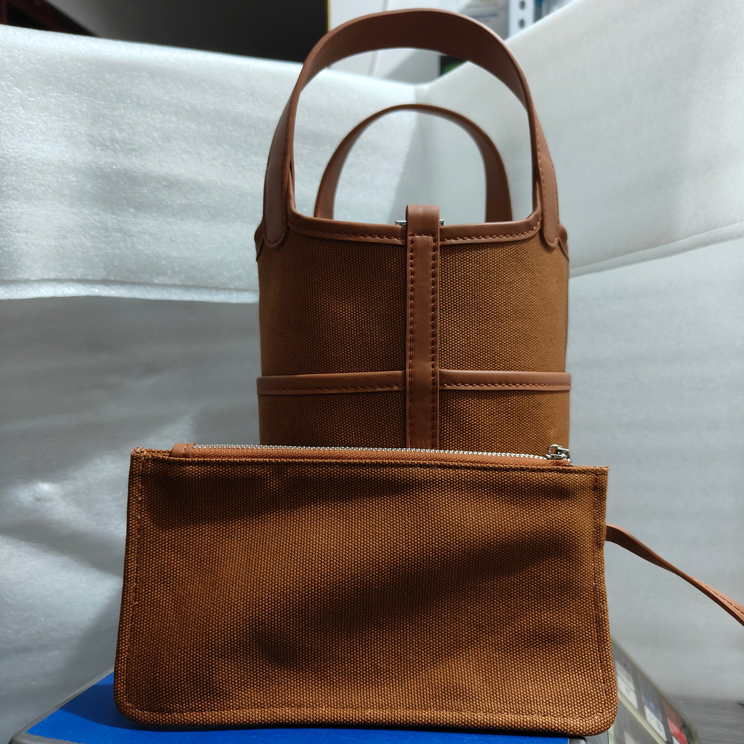 Small Leather & Canvas Handbag with Cargo Pocket detail image 4