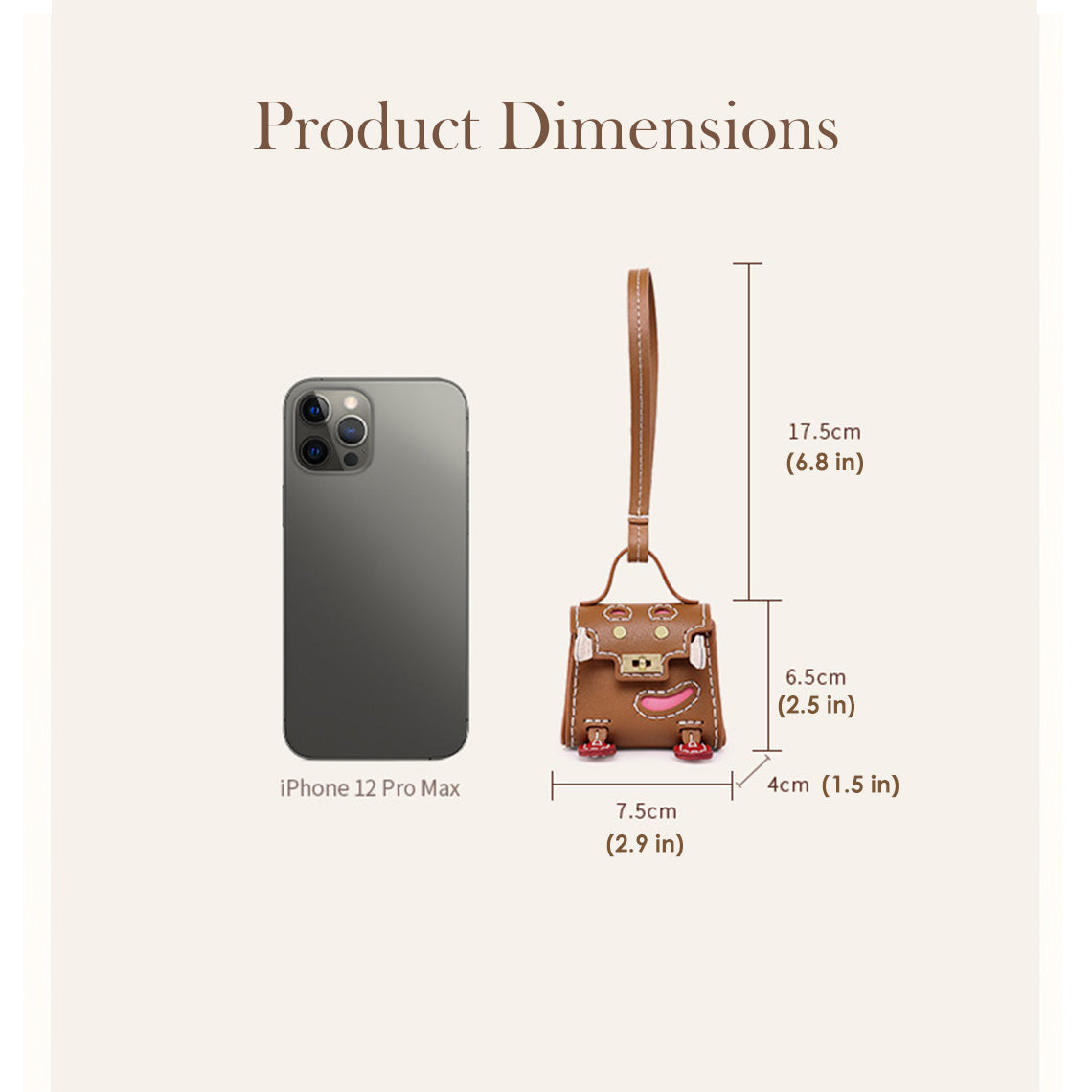 Handsewn Leather Mini Top Handle Bag Charm Keychain in Brown detail image 3