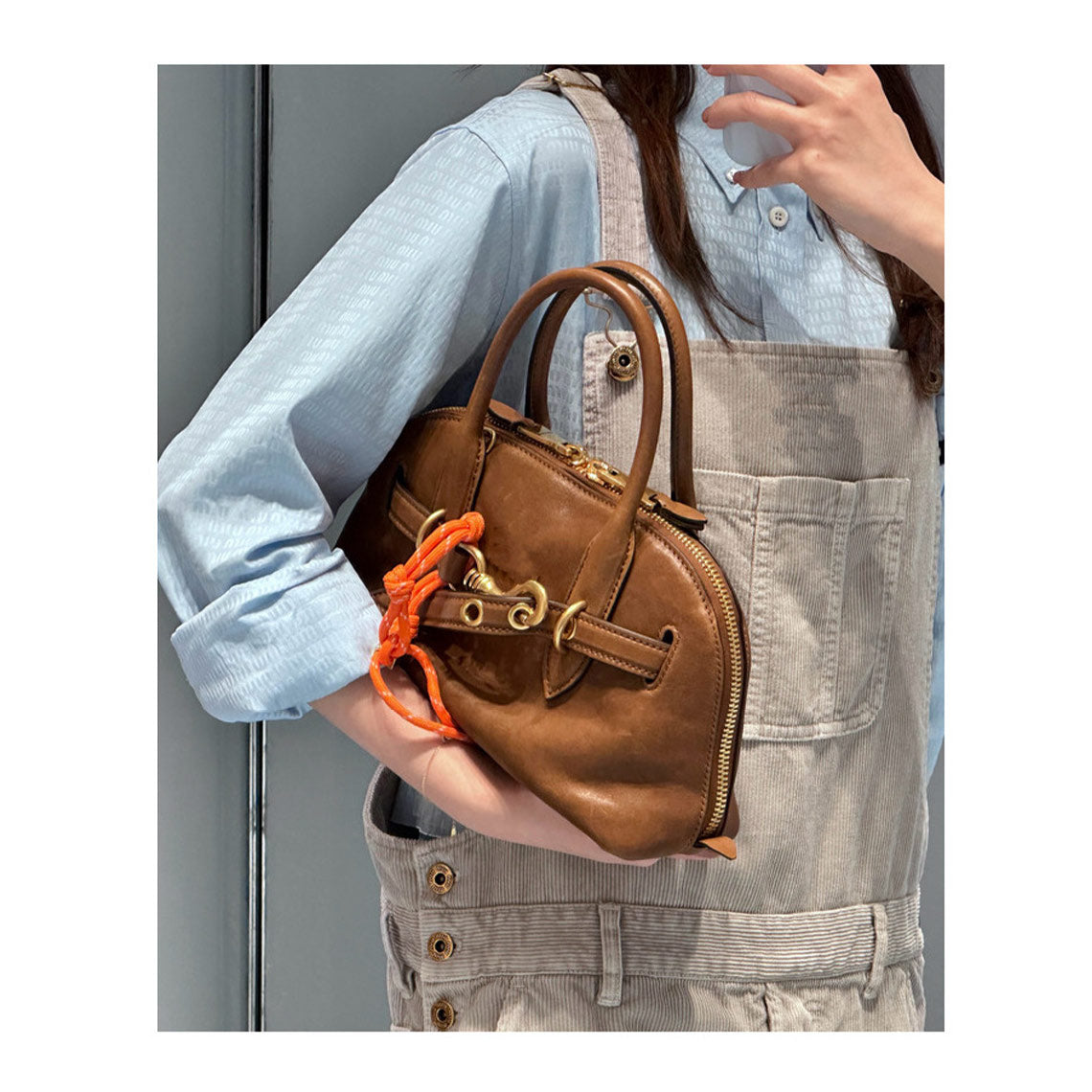 Leather Retro Bowling Top Handle Bag in Black, Saddle Brown, Coffee Brown detail image 6
